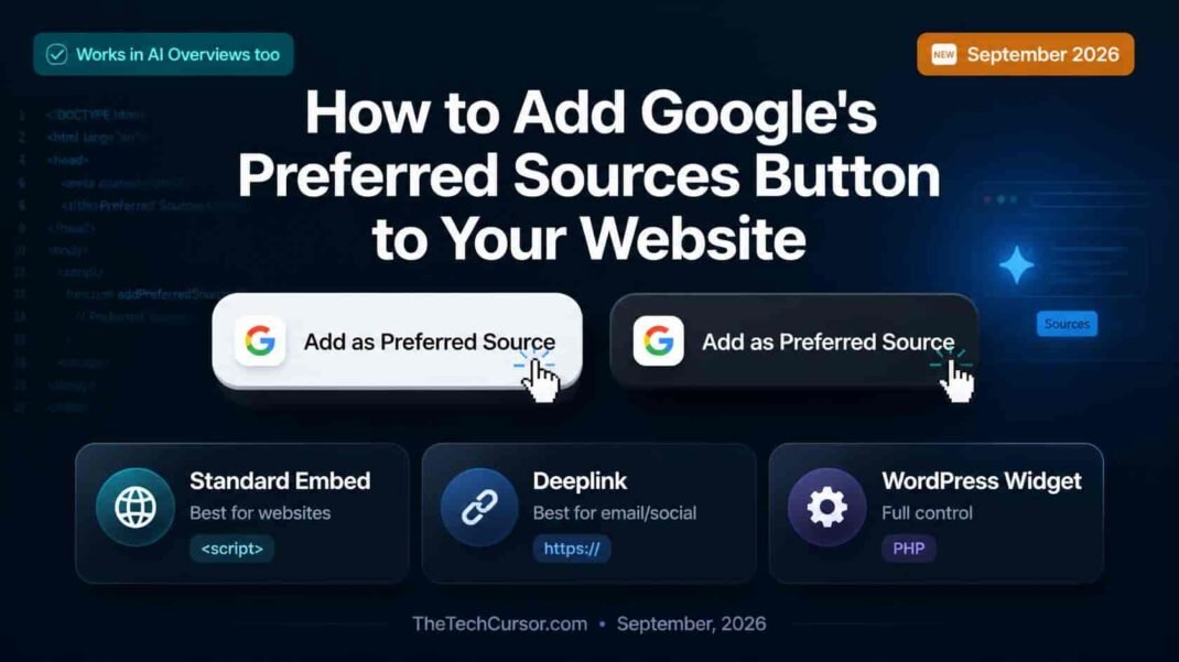 Google Preferred Sources button light and dark theme implementation guide showing WordPress widget code embed versus deeplink comparison for publishers in 2026