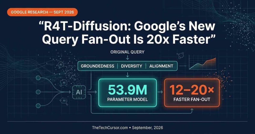Google R4T-Diffusion query fan-out framework diagram showing three pillars groundedness diversity alignment feeding into 53.9 million parameter model with 12 to 20x speed improvement over autoregressive approaches