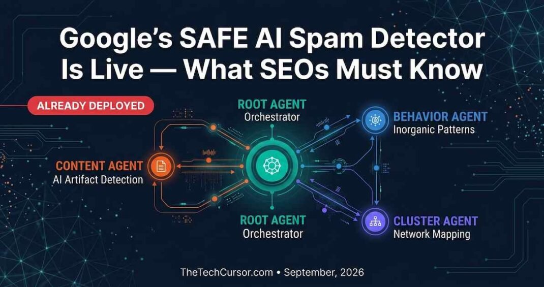 Google SAFE Scaled Abuse Forensics Examiner AI spam detector hub spoke diagram showing four agents root content behavior and channel cluster for detecting synthetic AI spam content September 2026