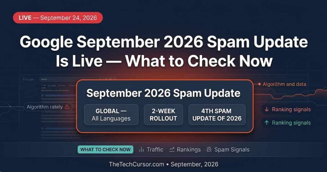 Google September 2026 spam update announcement showing global rollout two week completion timeline fourth spam update of 2026 and what site owners should check September 24 2026