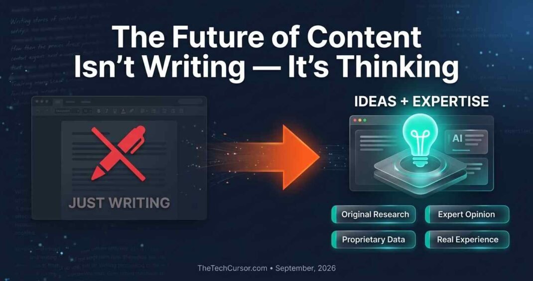 Future of content idea economy diagram showing shift from AI writing production to human thinking expertise original research and genuine opinions for SEO content strategy 2026