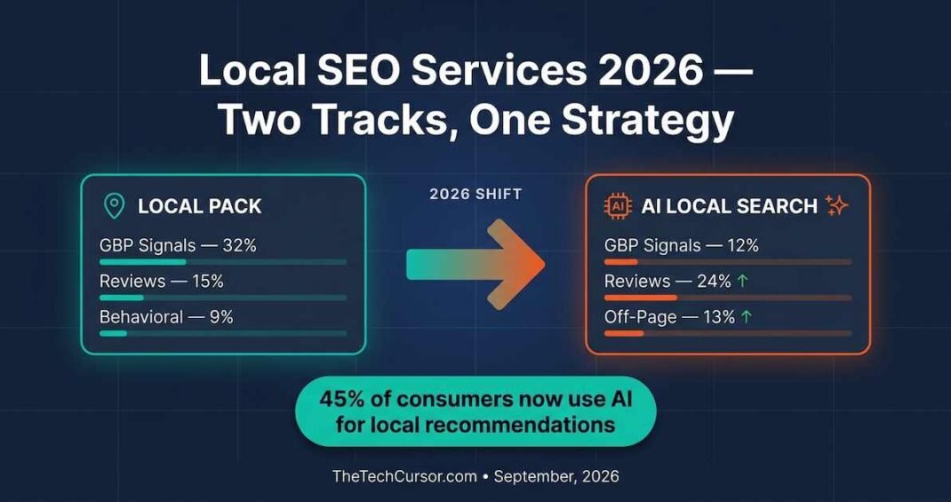 Local SEO services 2026 showing AI Overviews in local search GBP optimization AI citation factors hyperlocal content signals and the shift from traditional local pack to AI local search visibility