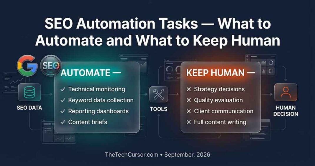 SEO automation tasks guide 2026 showing two column comparison of tasks to automate versus tasks requiring human judgment expertise and strategic thinking