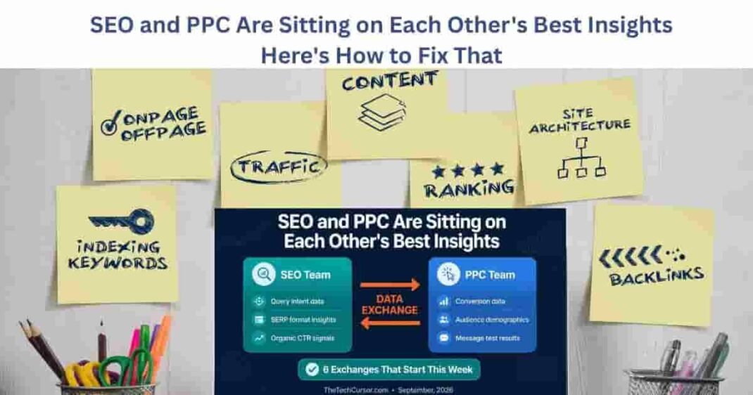SEO and PPC data sharing framework showing bidirectional exchange of conversion data query insights audience signals and message testing results for unified search strategy in 2026