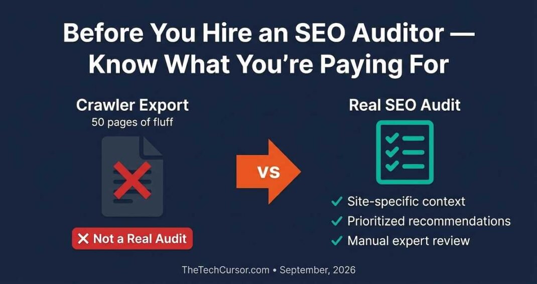 SEO auditor hiring guide 2026 showing difference between crawler export and real audit with contract clauses LLM limitations and what genuine SEO expertise looks like