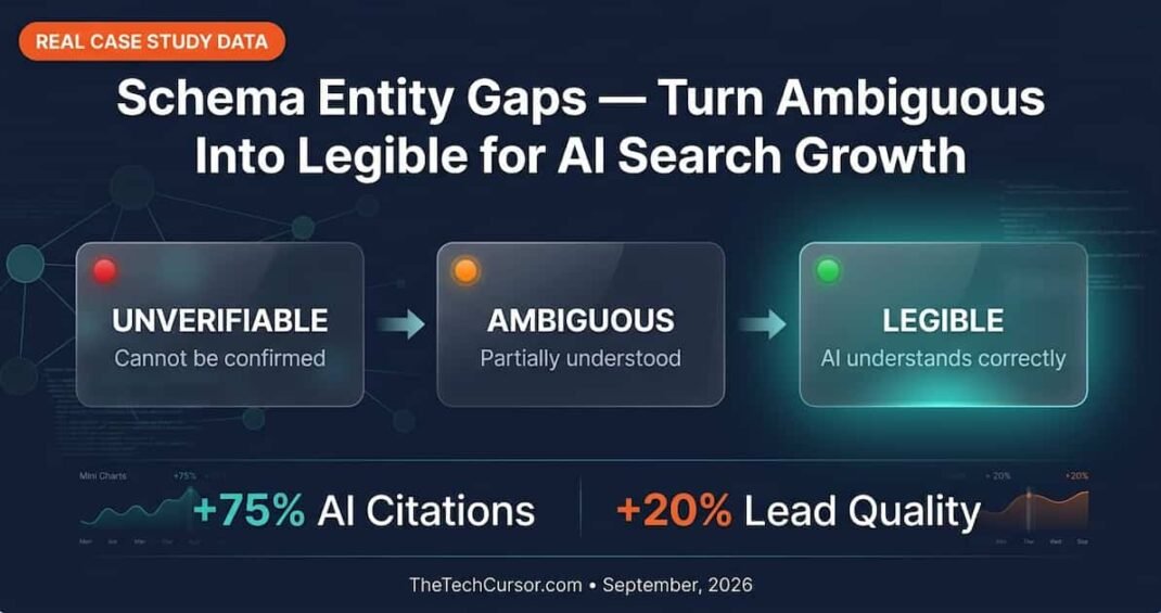 Schema entity gap audit framework showing three buckets legible ambiguous and unverifiable entities with 75 percent AI citation increase and 20 percent lead quality improvement case study data 2026
