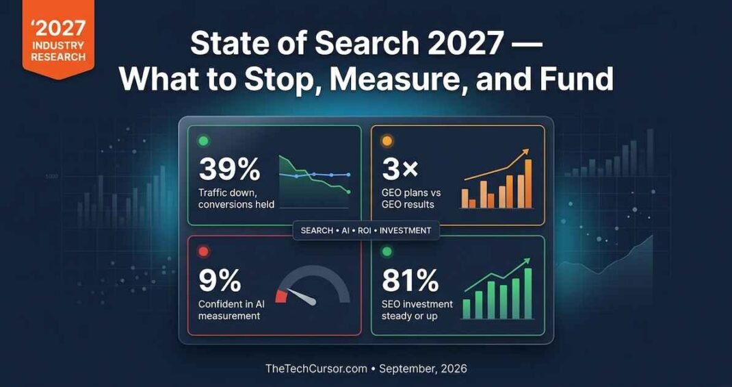 State of Search 2027 industry research data showing 39 percent traffic conversion separation 3x GEO investment gap 9 percent AI measurement confidence and 81 percent steady search investment