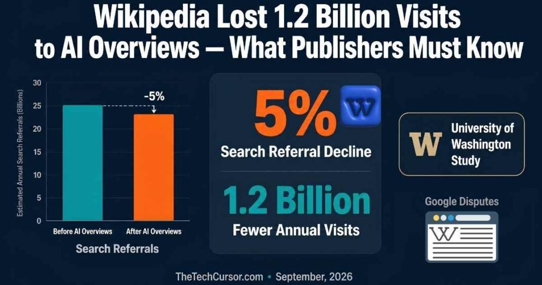 Wikipedia AI Overviews traffic impact chart showing 5 percent search referral decline and 1.2 billion fewer annual visits from University of Washington study September 2026