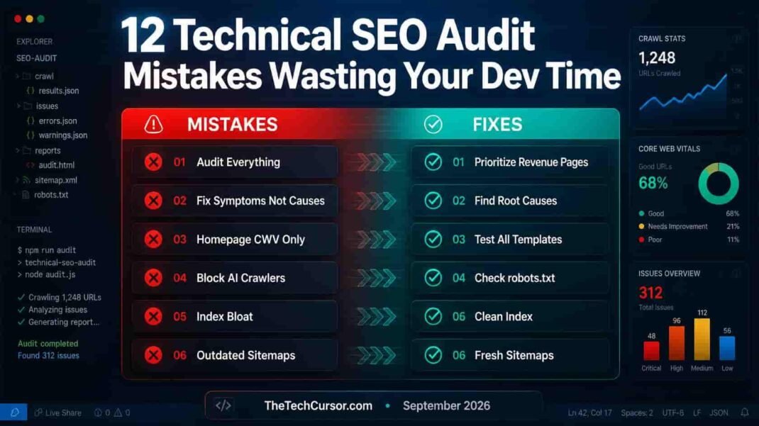 Twelve technical SEO audit mistakes showing wrong approaches versus correct fixes including AI crawler blocking 404 homepage routing index bloat outdated sitemaps and JavaScript canonical tags in 2026