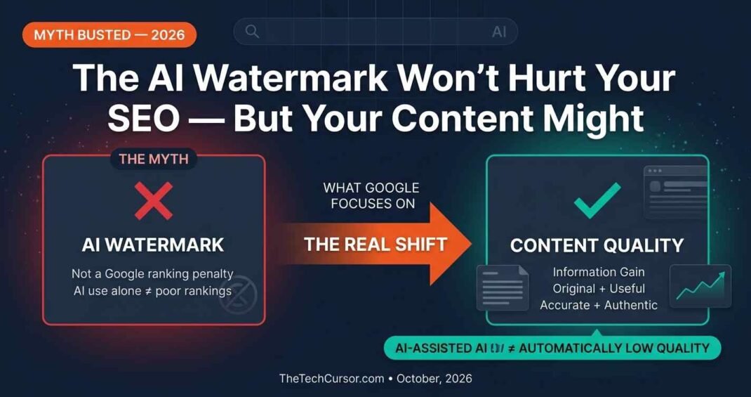 Claude AI text watermark versus Google SEO ranking factors showing watermark does not affect search rankings but commodity content without information gain does September 2026