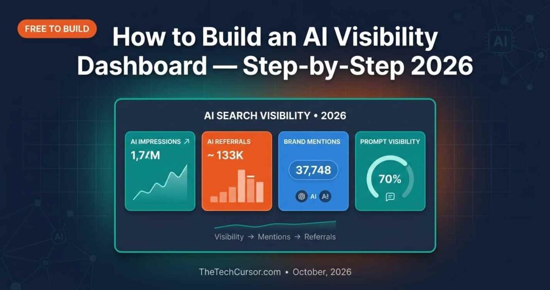 AI visibility dashboard build guide showing four metric layers Search Console GA4 brand mentions and prompt tracking in Looker Studio for SEO reporting 2026