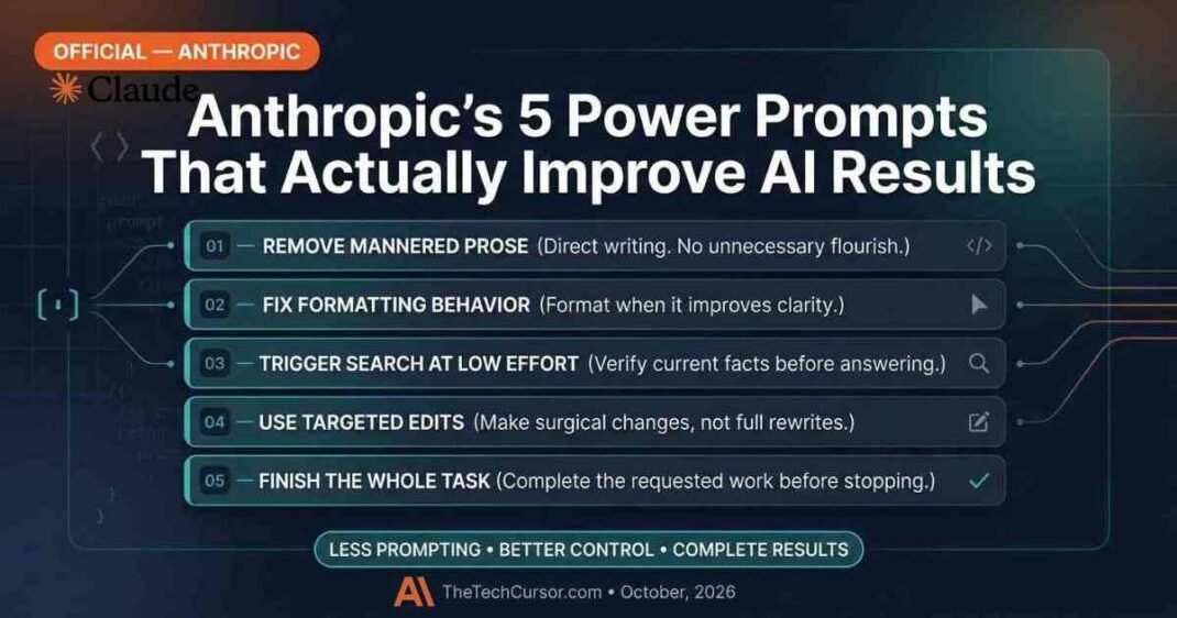 Anthropic Claude power prompts guide showing five prompt upgrades for writing density formatting search triggering targeted code edits and autonomous task completion September 2026
