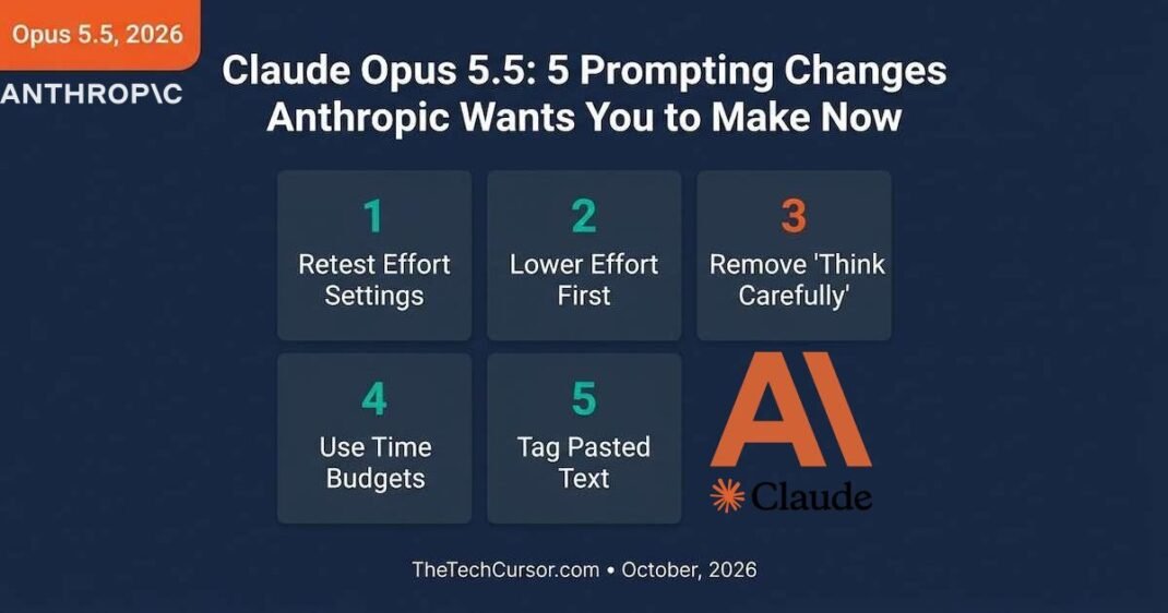 Claude Opus 5.5 Anthropic prompting guide showing five tips effort settings think carefully removal time budgets tagged text and max tokens warning for developers and marketers October 2026