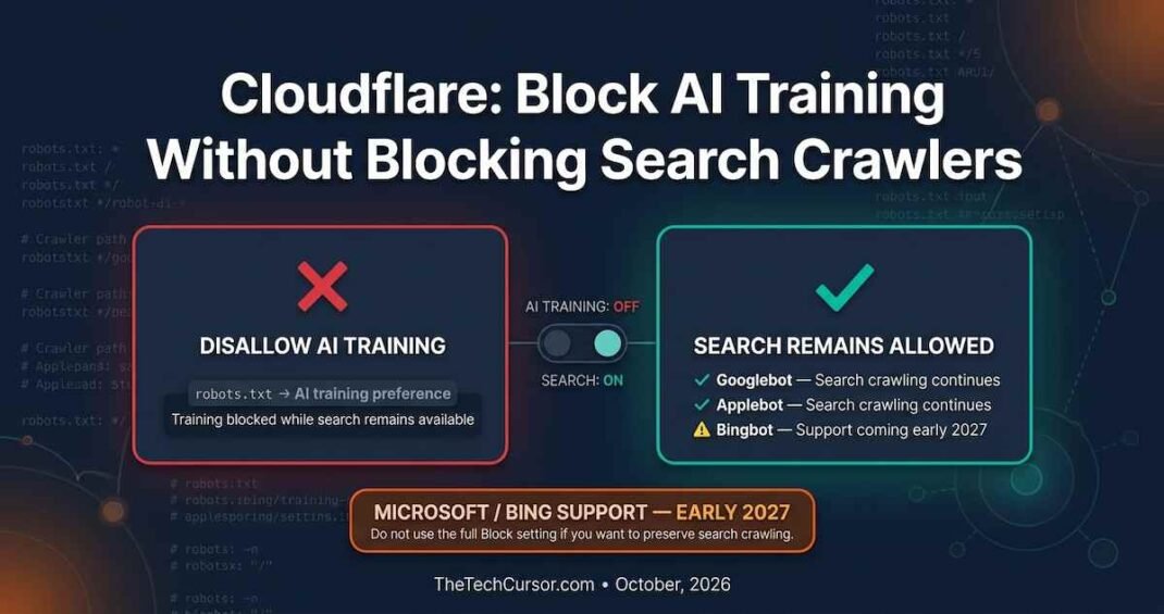 Cloudflare Disallow AI Training setting showing separation of AI training crawlers from Googlebot Bingbot and Applebot with Microsoft gap noted for 2027 resolution September 2026