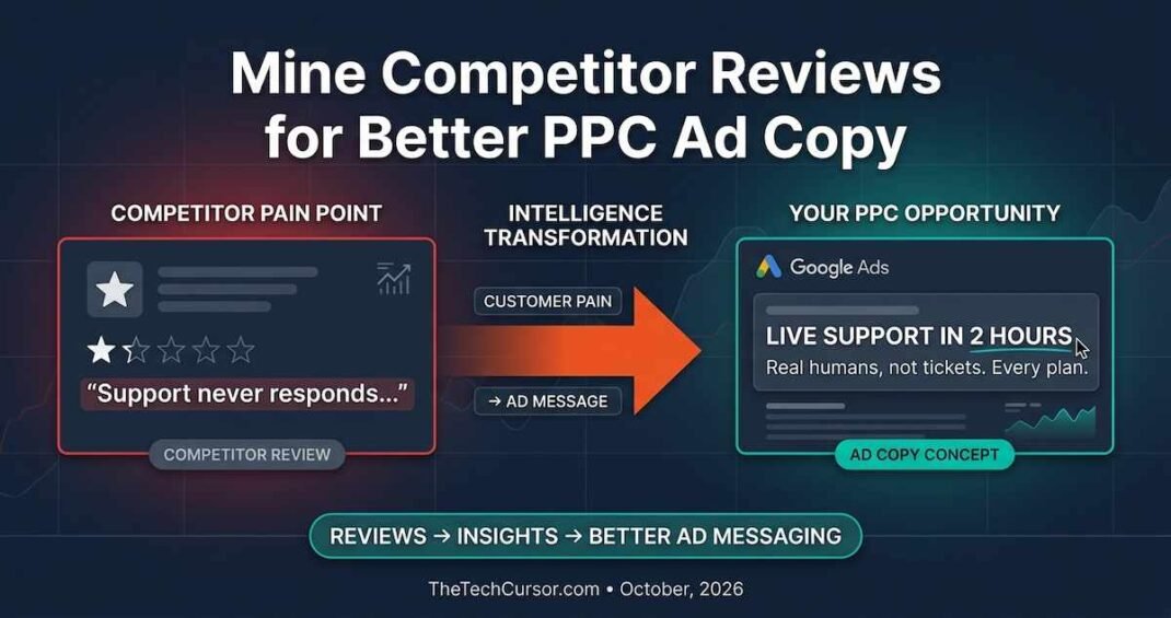 Competitor negative review mining process for PPC ad copy showing G2 Capterra Reddit review to Google Ads headline transformation strategy for better click through rates in 2026