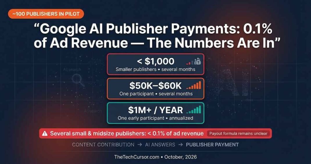 Google AI contribution pilot payment data showing three tiers under 1000 dollars 50000 to 60000 and over 1 million annually representing less than 0.1 percent of publisher advertising revenue September 2026