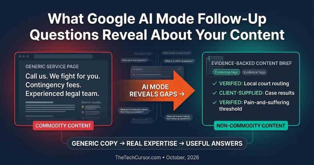 Google AI Mode follow-up questions content gap audit showing non-commodity content research workflow claim labeling system and how AI search reveals missing service page expertise October 2026