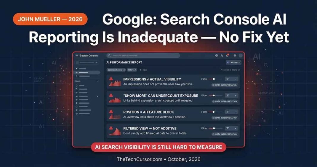 Google Search Console AI reporting inadequate showing four problems with impressions Show More links position tracking and filtered view confirmed by John Mueller September 2026