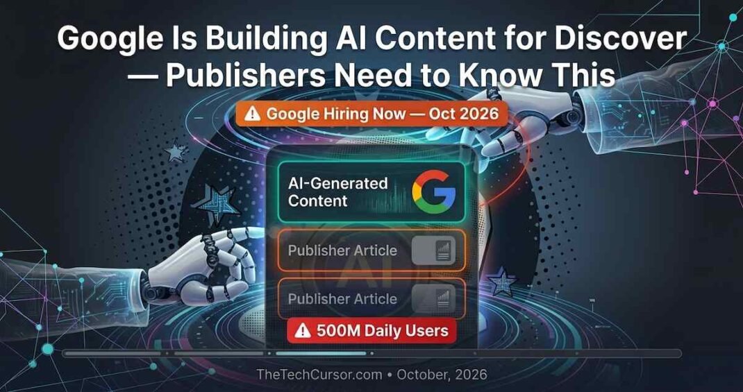 Google Discover AI generated content hiring showing Discover feed with AI content alongside publisher articles with 500 million daily active users and concierge experience design plans October 2026