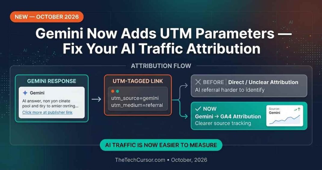 Google Gemini UTM parameters for referral attribution showing how AI traffic tracking in GA4 improves with utm source utm medium utm campaign parameters solving direct traffic misattribution problem October 2026