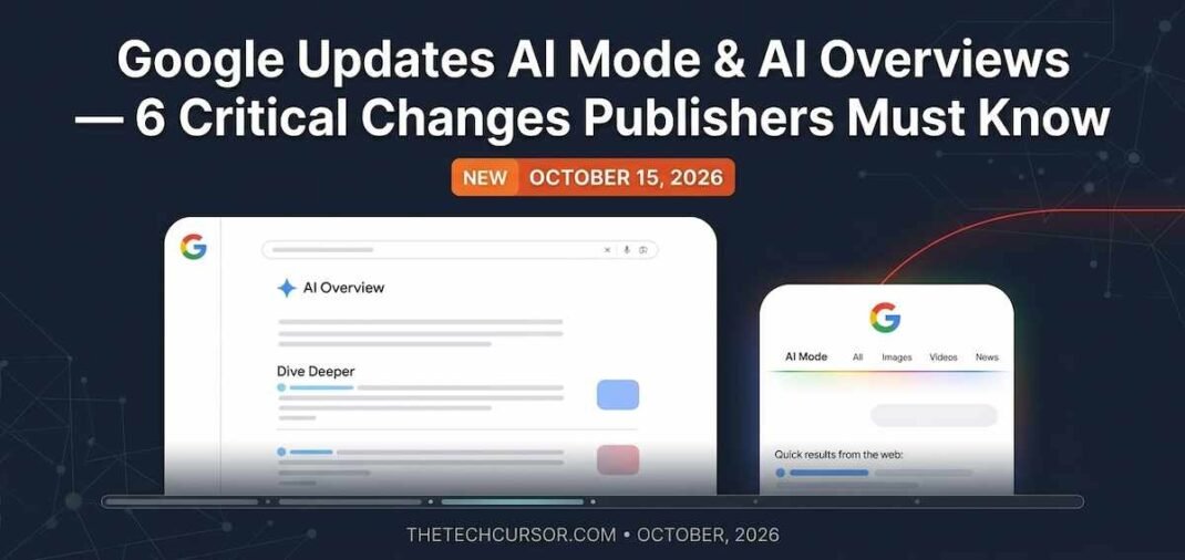 Google AI Mode AI Overviews October 2026 updates showing inline links article carousels related articles creator search profiles and 7x preferred sources growth for publishers