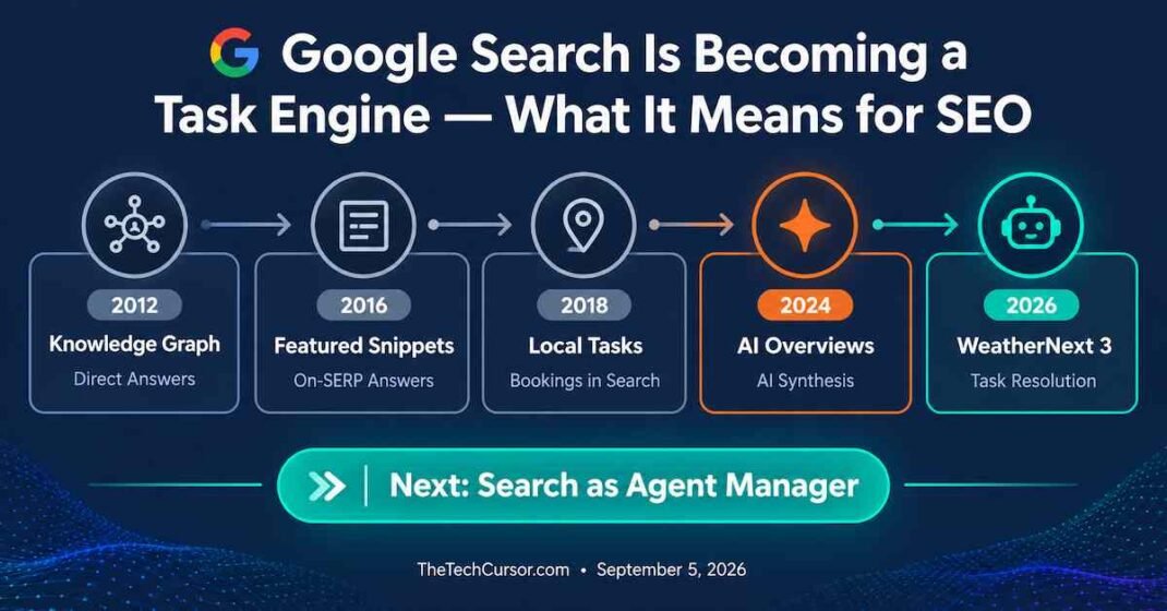 Google WeatherNext 3 AI weather model showing task based search transition with hourly forecasts satellite data and Sundar Pichai agentic search vision for future of Google Search 2026
