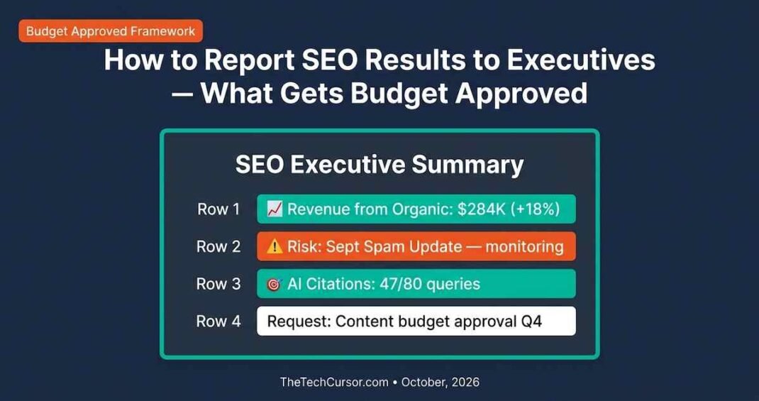 SEO reporting executives 2026 one page summary framework showing revenue pipeline AI citation share and risk reporting that connects organic search to business outcomes for C-suite stakeholders
