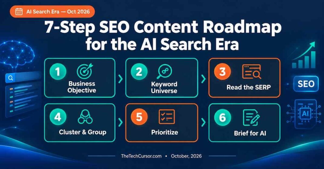 SEO content roadmap AI search era six step process showing business objectives keyword universe content gap analysis SERP reading clustering prioritization and brief writing for AI Overview citation
