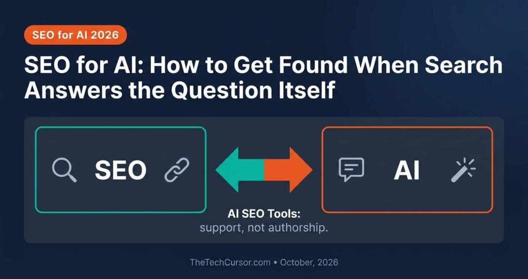 SEO for AI guide showing how SEO and AI work together, with AI SEO tools supporting content visibility in AI-generated search answers for US businesses, October 2026