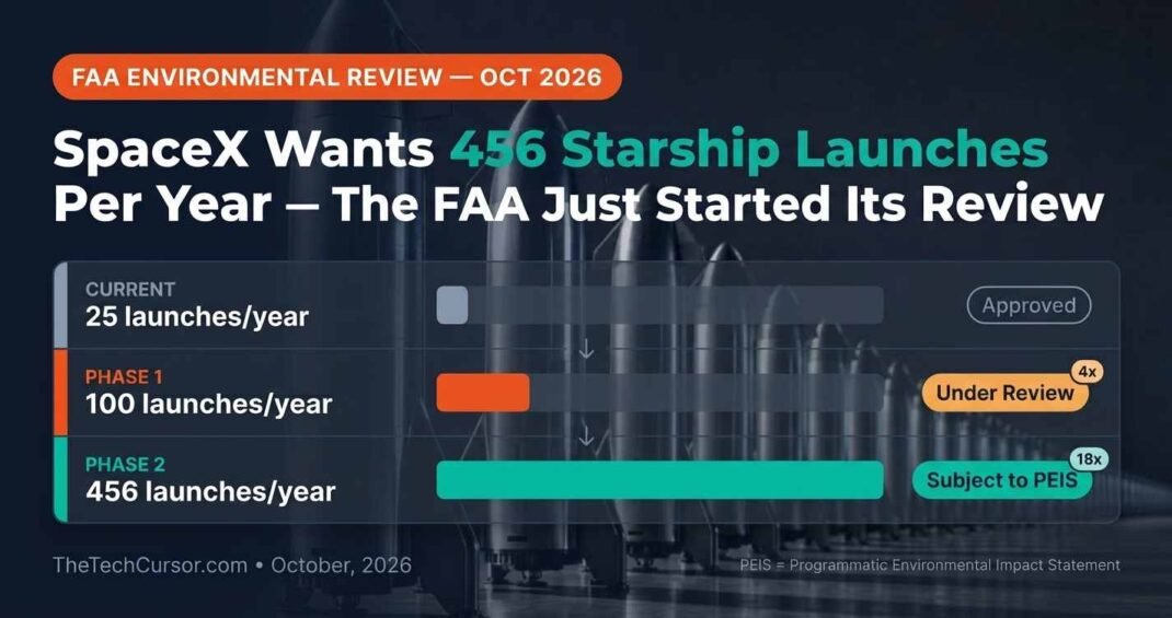 SpaceX Starship FAA 456 annual launches request showing three phase table from current 25 to Phase 1 100 to Phase 2 456 launches with environmental impact statement review timeline October 2026