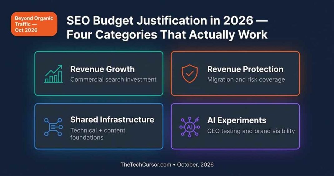 SEO budget justification 2026 four category framework showing revenue growth revenue protection shared infrastructure and AI experiments with hypothetical 1.2 million dollar allocation replacing organic traffic forecasts