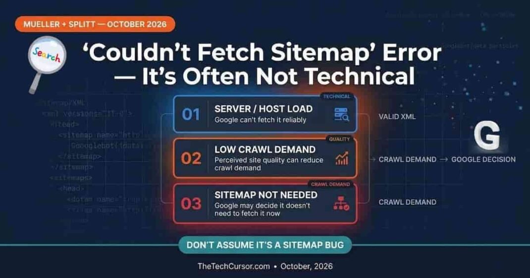 Google Search Console couldn't fetch sitemap error three reasons diagram showing server load content quality and crawl demand issues explained by Martin Splitt and John Mueller October 2026