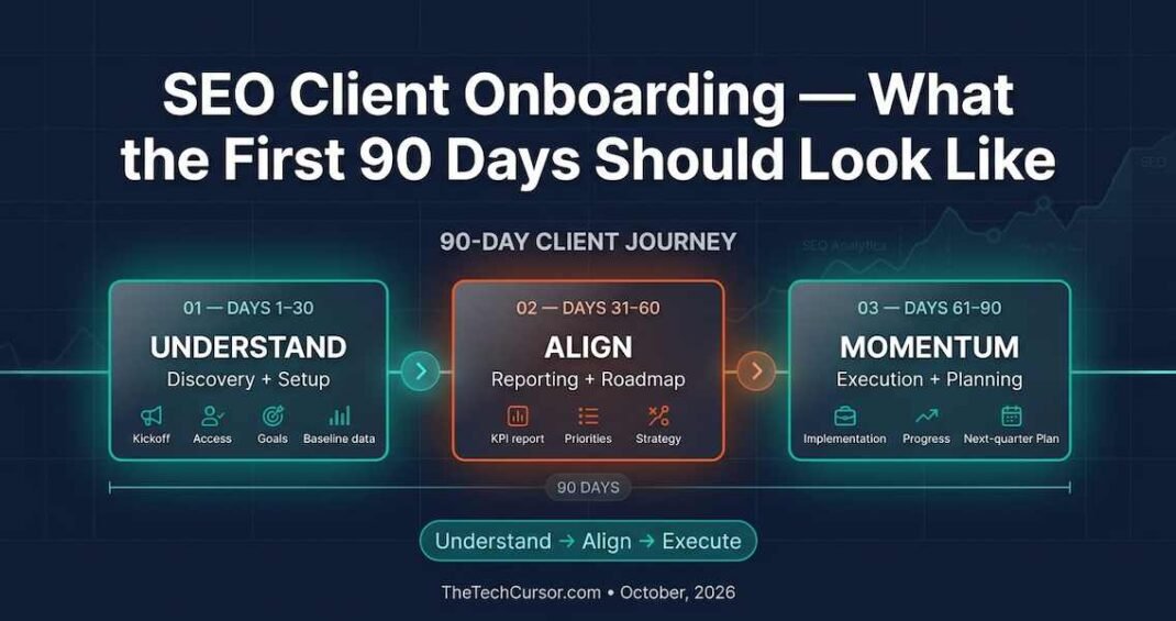 SEO client onboarding first 90 days framework showing three phases understanding alignment momentum with goals expectations responsibilities and reporting best practices for agencies