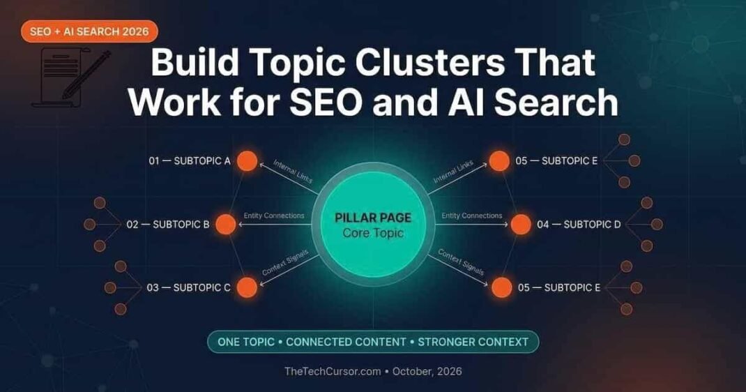 Topic clusters SEO and AI search 2026 hub and spoke diagram showing pillar page connected to spoke content with internal links entity signals and AI citation tracking framework