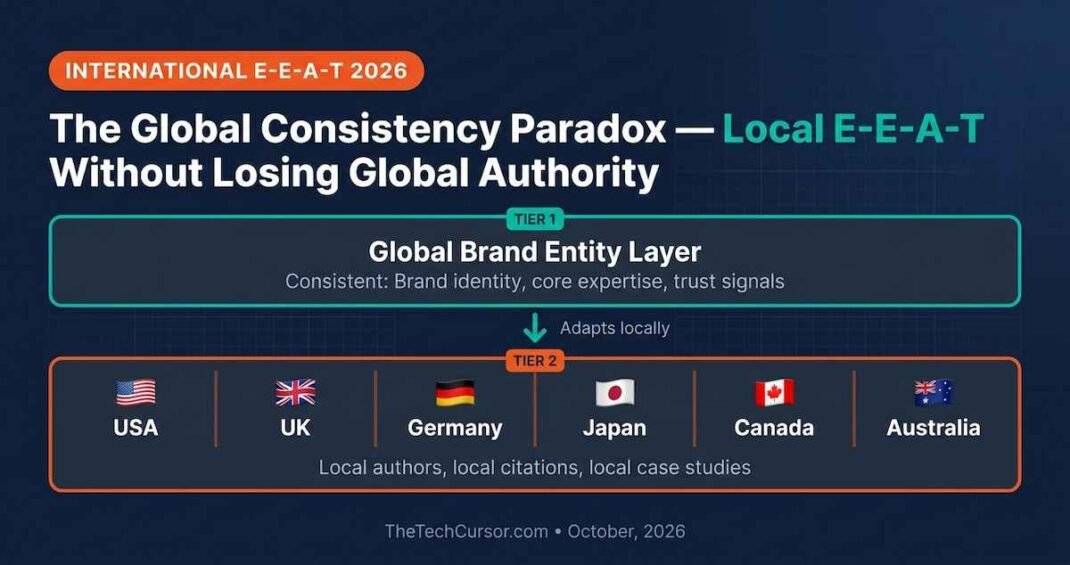 Global consistency paradox local E-E-A-T AI search showing tension between consistent global brand signals and market specific expertise authority trust signals for international businesses October 2026