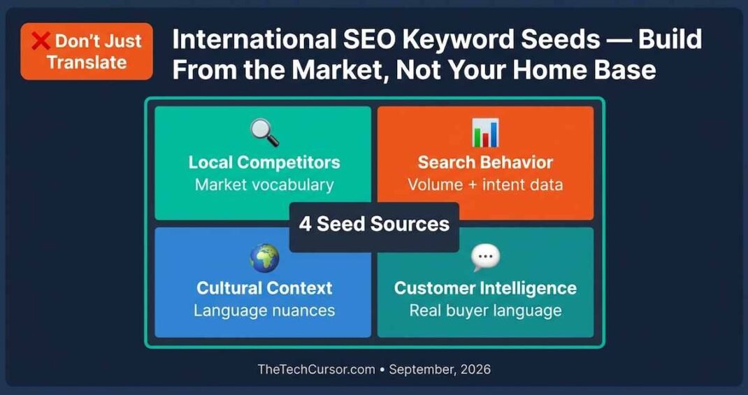 International SEO keyword seed selection process diagram showing market research competitor analysis cultural context and search behavior differences across global markets 2026