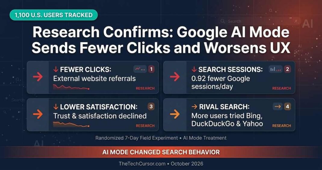 University of Pennsylvania Northeastern research on Google AI Mode showing four key findings fewer clicks worse user experience fewer search sessions and users switching to competitor search engines 2026